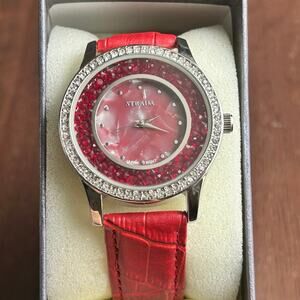 Strada Women’s Fashion Watch Red Crystals in a Box Working New Battery